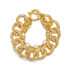 Chunky Thick Alloy Chain Pearl Bracelet Statement Jewelry Gift