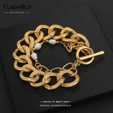 Chunky Thick Alloy Chain Pearl Bracelet Statement Jewelry Gift