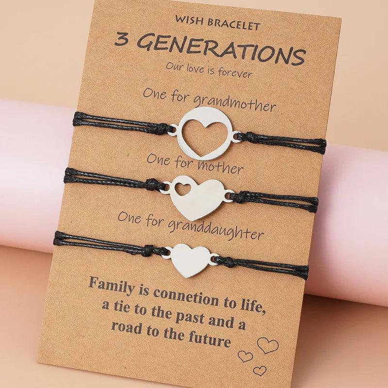 3pcs Heart Generation Bracelet Set Stainless Steel Adjustable Braided Rope