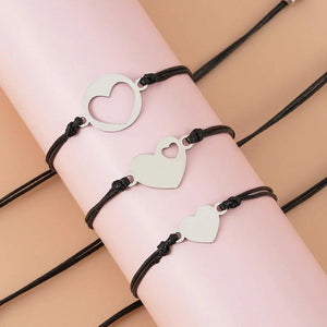 3pcs Heart Generation Bracelet Set Stainless Steel Adjustable Braided Rope