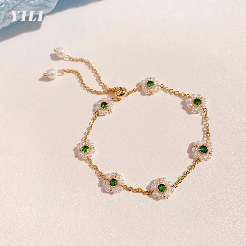 Emerald Flower Pearl Bracelet for Women Girls Birthday Gift
