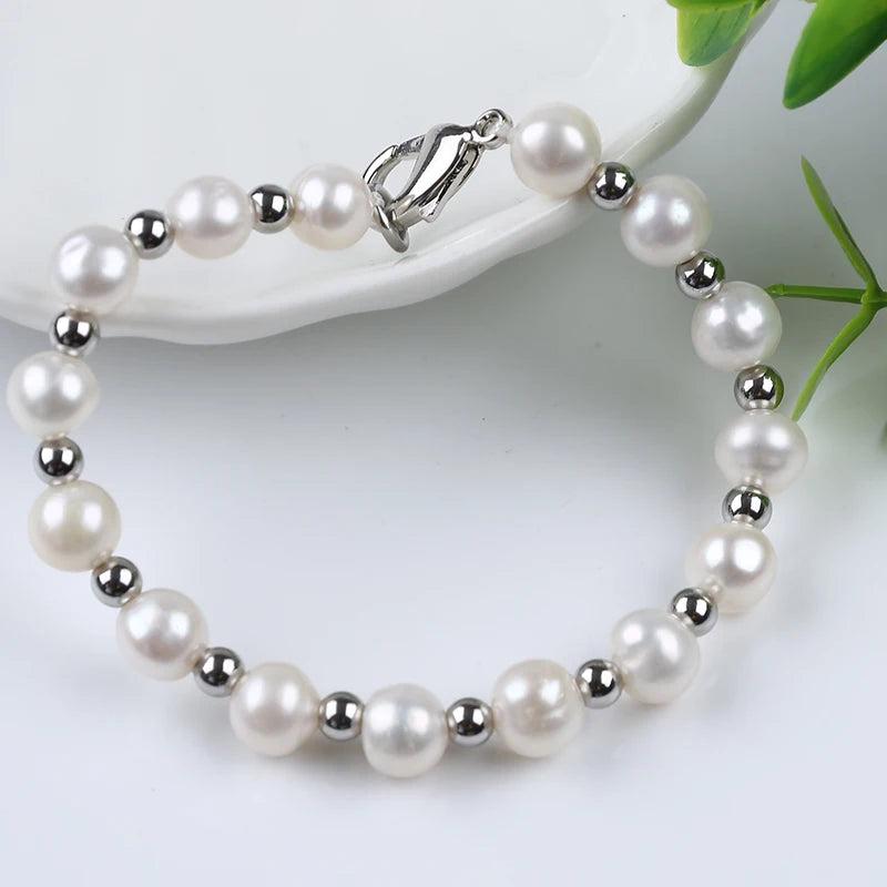 7-8mm Freshwater Pearl Bracelet with Stainless Steel Balls