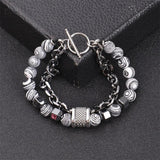 Malachite Stone Beaded Bracelet with Stainless Steel Chain Double Layer