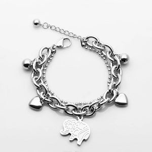 Elephant Charm Heart Bracelet Stainless Steel Double Chain Beads