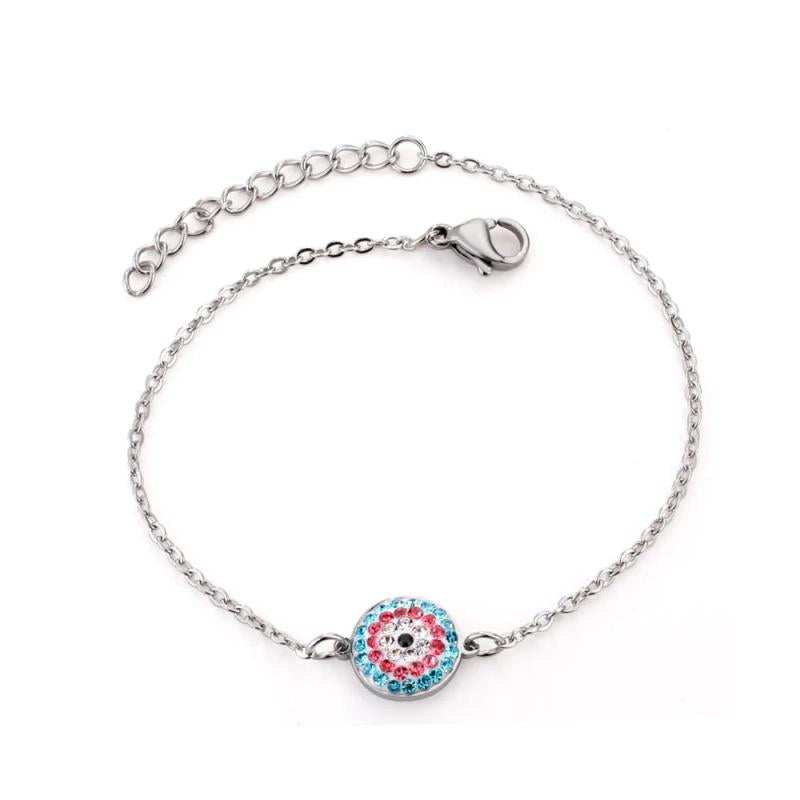 Stainless Steel Colorful Cubic Zirconia Eye Round Pendant Chain Bracelet