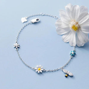 Silver Rhinestone Bee Daisy Charm Bracelet Women Jewelry
