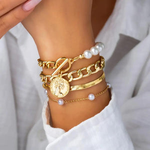 4Pcs/Set Punk Metal Cuban Chain Bracelets Set Grunge Bohemian Jewelry