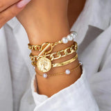 4Pcs/Set Punk Metal Cuban Chain Bracelets Set Grunge Bohemian Jewelry
