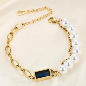 316L Stainless Steel Baguette Gemstone Pearl Bracelet Women's High Jewelry