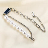 316L Stainless Steel Baguette Gemstone Pearl Bracelet Women's High Jewelry