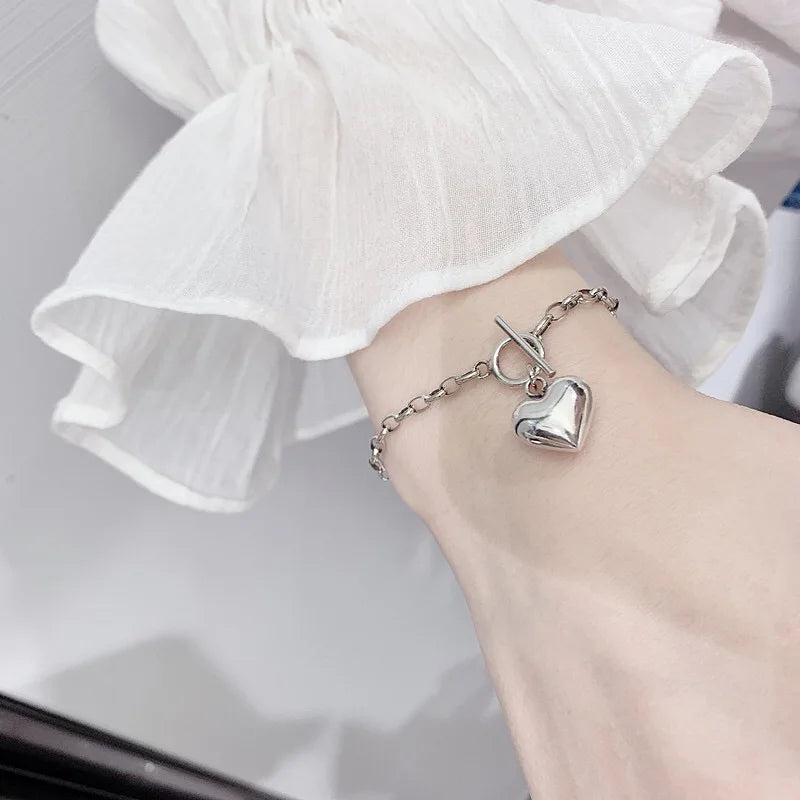 Heart Shape Charm Bracelet Silver Retro OT Clasp Jewelry for Women