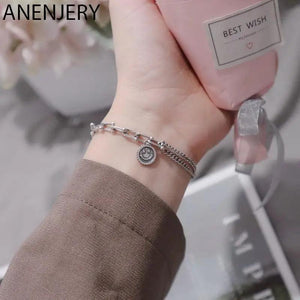 Retro Smiling Face Silver Chain Bracelet for Men Women