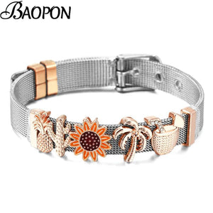 10mm Stainless Steel Sunflower Mesh Bracelet Micro Pave CZ Charm Watch Belt