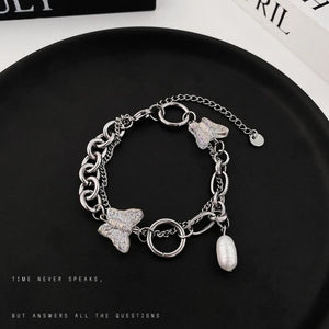 Boho Double Layer Chain Bracelet Baroque Pearl Charm Butterfly Summer Jewelry