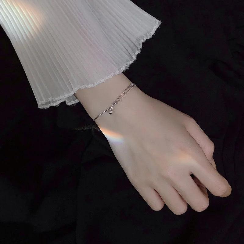 Minimalist Wind Asymmetrical Transfer Bead Double Silver Bracelet
