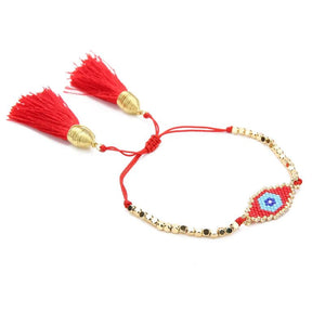 Red Evil Eye Charm Beaded Bracelets Tassel Boho Jewelry Plated Beads