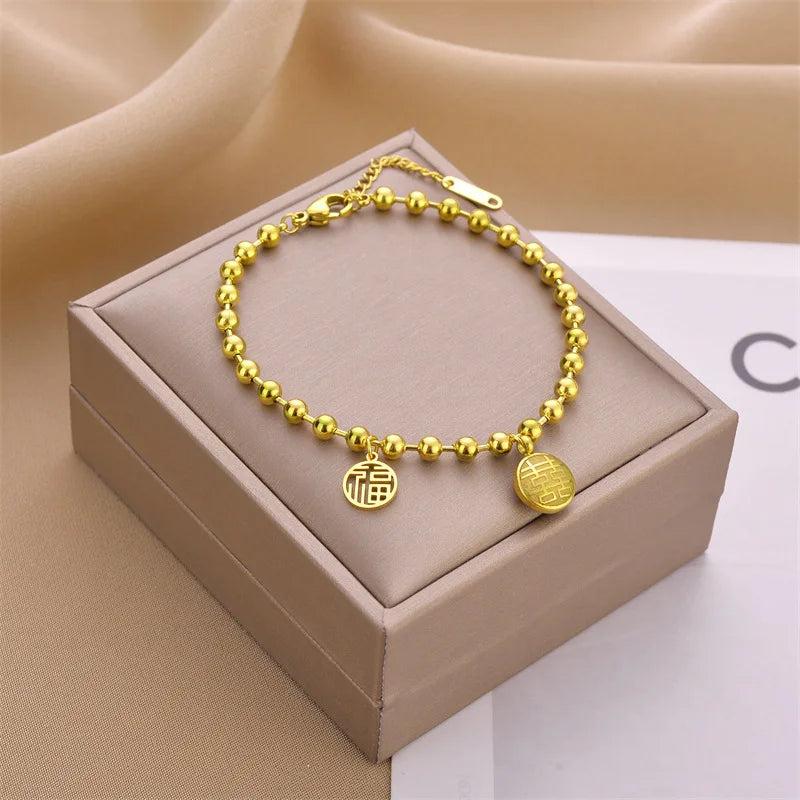 Titanium Steel Hollow Fu Pendant Bracelet Colorfast Woman Jewelry Party Gift