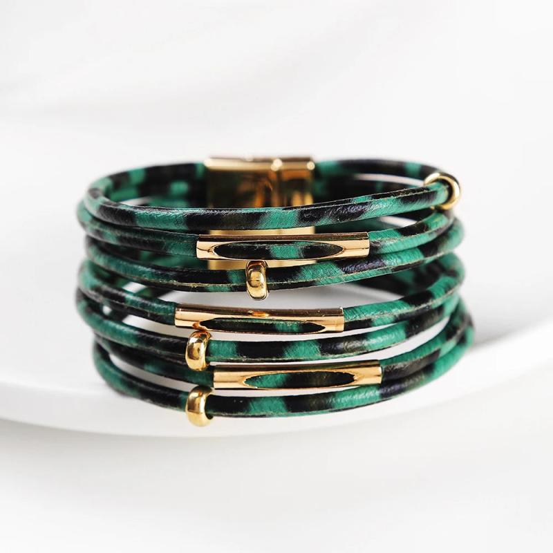 Leopard Layered Bracelet for Women Boho Cuff Wrap with Magnetic Clasp