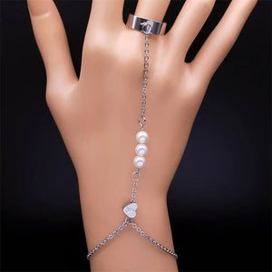 Initials Letter A Heart Bracelet Ring Wrist Chain Pearl Stainless Steel Hand