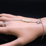 Initials Letter A Heart Bracelet Ring Wrist Chain Pearl Stainless Steel Hand