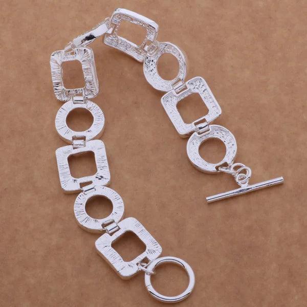 Lucky Silver Charm Bracelet Circle Grid Pattern Women Jewelry