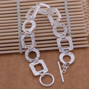 Lucky Silver Charm Bracelet Circle Grid Pattern Women Jewelry