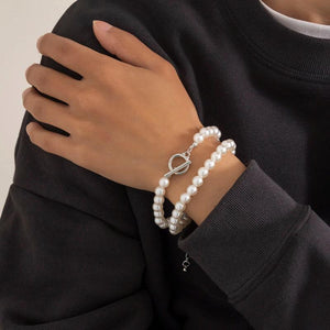 2Pcs Pearl Chain Bracelets OT Buckle Punk Charms Bangle Jewelry