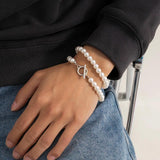 2Pcs Pearl Chain Bracelets OT Buckle Punk Charms Bangle Jewelry