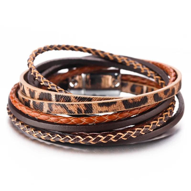 Leopard Print Braided Leather Wrap Bracelet Layer Cuff Bangles
