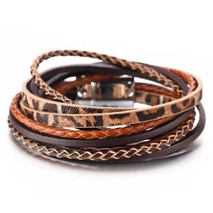 Leopard Print Braided Leather Wrap Bracelet Layer Cuff Bangles