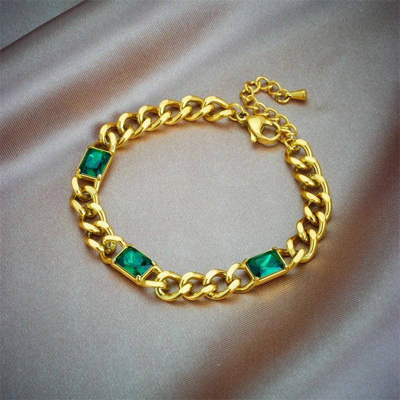 316L Stainless Steel Green Crystal Bracelet Thick Chain Bangles Waterproof