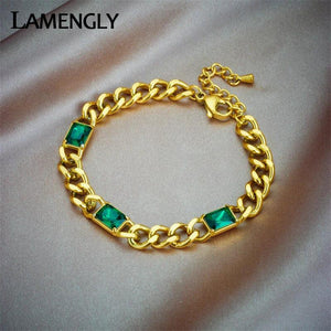 316L Stainless Steel Green Crystal Bracelet Thick Chain Bangles Waterproof