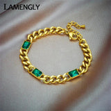 316L Stainless Steel Green Crystal Bracelet Thick Chain Bangles Waterproof