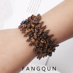 Wide Yellow Tiger Stone Beads Bracelet for Women