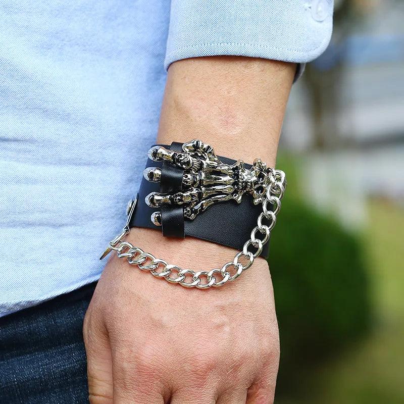 Skull Skeleton Wide Cuff Leather Bracelet