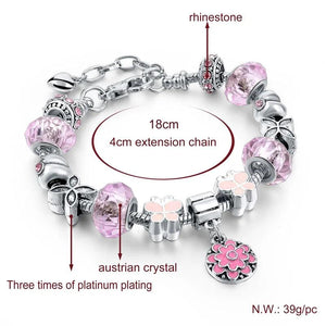Summer Love Charm Bracelet Pink Crystal Rose Pendant Large Hole Jewelry