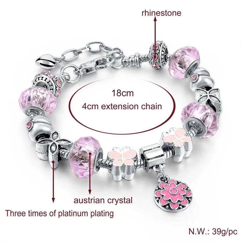 Summer Love Charm Bracelet Pink Crystal Rose Pendant Large Hole Jewelry