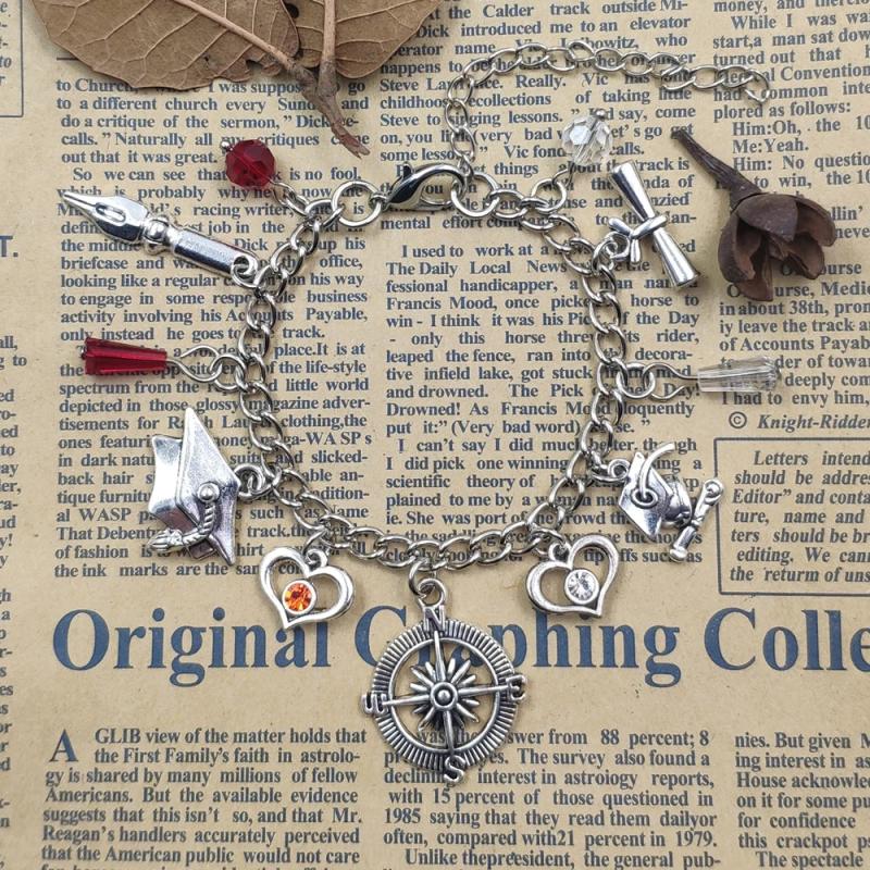 Retro Silver Plated Scholar Graduates Pen Bracelet with Compass Style Chain