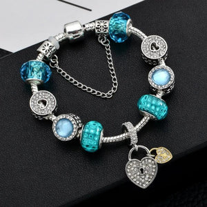 Silver Heart Pendant Charm Bracelet with Beads