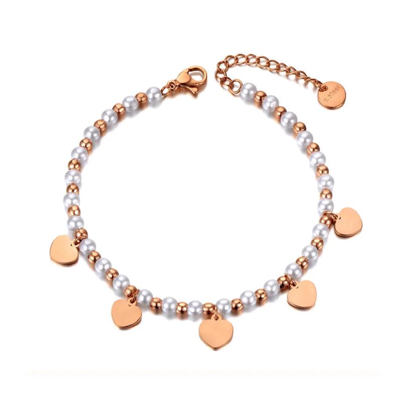 Bohemia Stainless Steel CZ Crystal Simulated Pearl Heart Charm Bracelet