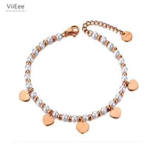 Bohemia Stainless Steel CZ Crystal Simulated Pearl Heart Charm Bracelet