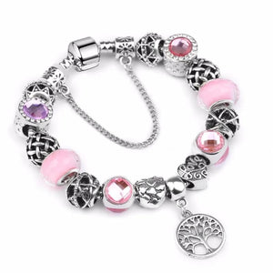 Vintage Silver Plated Bangle with Tree of Life Pendant & Pink Crystal Ball