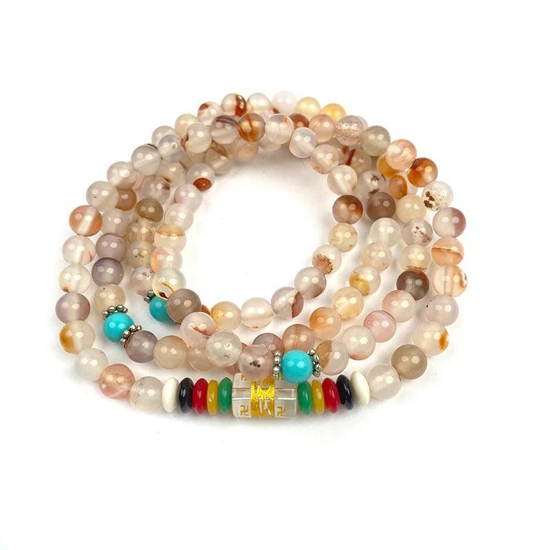 Hand String National Style Jade Chalcedony 108 Buddha Beads Necklace