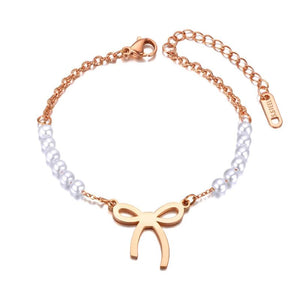 Bohemia Pearl Chain Link Bracelet Stainless Steel Bowknot Charm