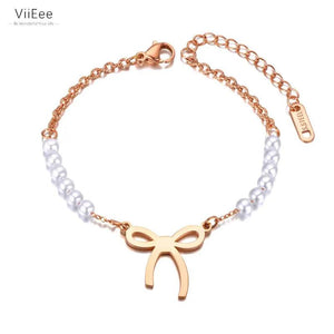 Bohemia Pearl Chain Link Bracelet Stainless Steel Bowknot Charm