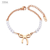 Bohemia Pearl Chain Link Bracelet Stainless Steel Bowknot Charm