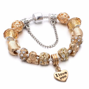 Gold Charm Bracelet with Love Heart Crystal Pendant
