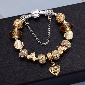 Gold Charm Bracelet with Love Heart Crystal Pendant
