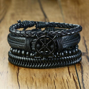 Men's Leather Bracelet Set Rudder Cross Life Tree Charm Wide Bangle