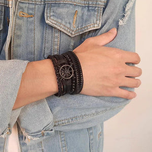 Men's Leather Bracelet Set Rudder Cross Life Tree Charm Wide Bangle